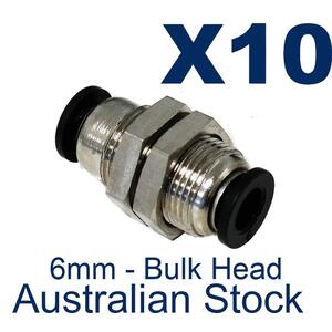 10 x Pneumatic Push Fit 6mm Bulkhead